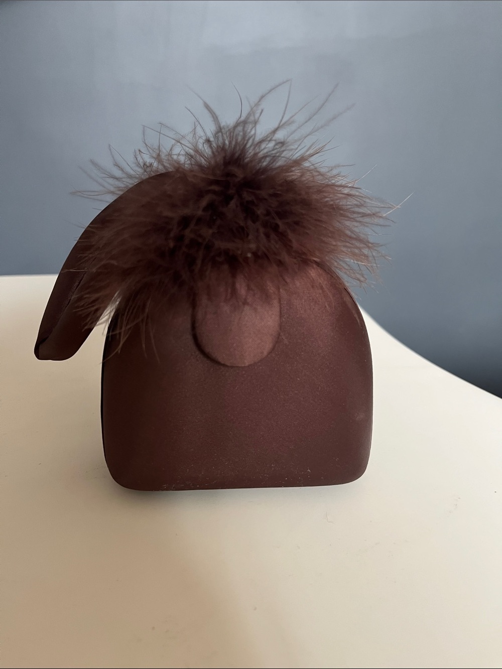 Cache Brown Satin Minaudière clutch with Feather Pom